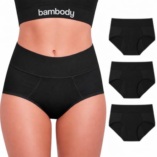 Bambody Absorbent Period Panties - Bamboo Rayon - Period Underwear for Women and Teens - All-Day Long - Overnight Protection-, Leakproof - Large - 3 Pack: Black