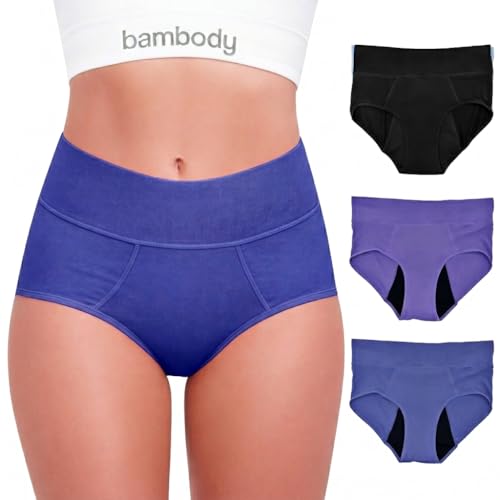 Bambody Absorbent Period Panties - Bamboo Rayon - Period Underwear for Women and Teens - All-Day Long - Overnight Protection-, Leakproof - Medium - 3 Pack: Black - Dark Blue - Dark Purple