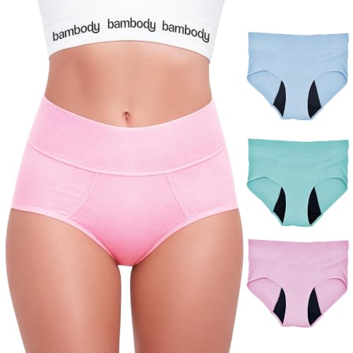 Bambody Period Underwear for Women - Absorbent Maternity & Postpartum Panties w/Silky Smooth & Breathable Fabric - Medium, 3 Pack Pink - Blue - Green