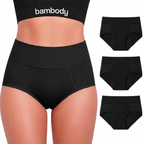 Bambody Absorbent Period Panties - Bamboo Rayon - Period Underwear for Women and Teens - All-Day Long - Overnight Protection - Leakproof - Medium - 3 Pack: Black (High Waist)